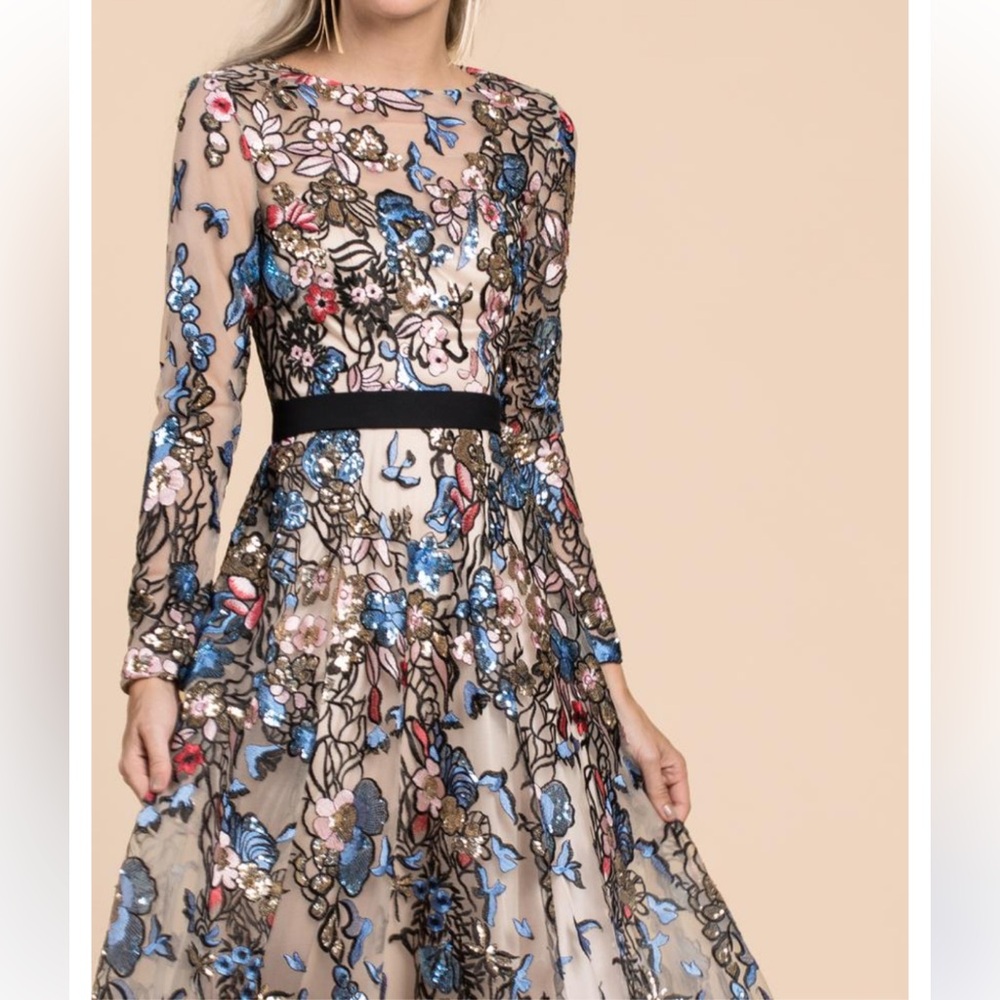 Sheer Embroidered Cream and Blue Long Sleeve Evening Gown Maxi Formal Dress